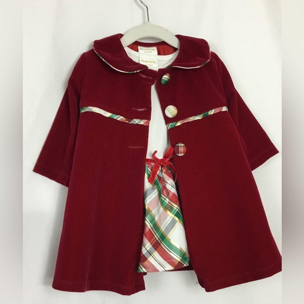 Blueberi Gold Red Velvet Jacket with Dress 2 pc set Toddler Size 18M